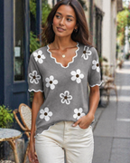 Top feminino viscose manga curta decote em V estilo casual escritório