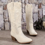 Botas femininas cano médio estilo western cowboy com salto bloco
