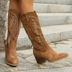 Botas femininas cano médio estilo western cowboy com salto bloco