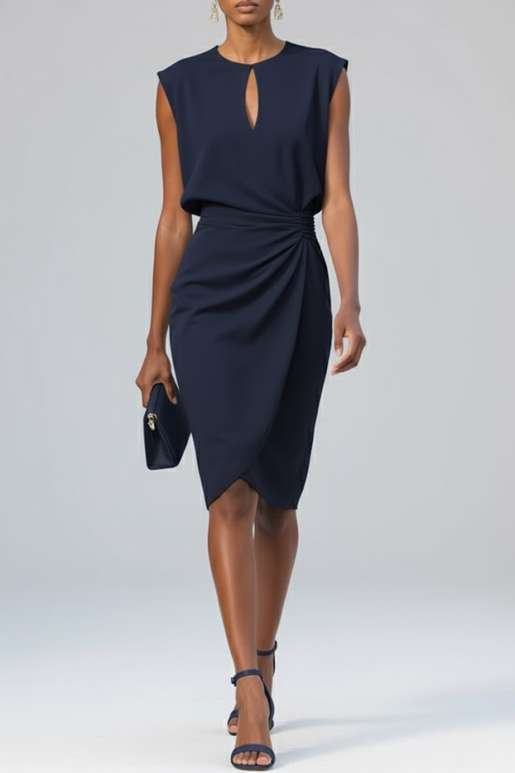 Vestido midi feminino com decote vazado e franzido para outono inverno