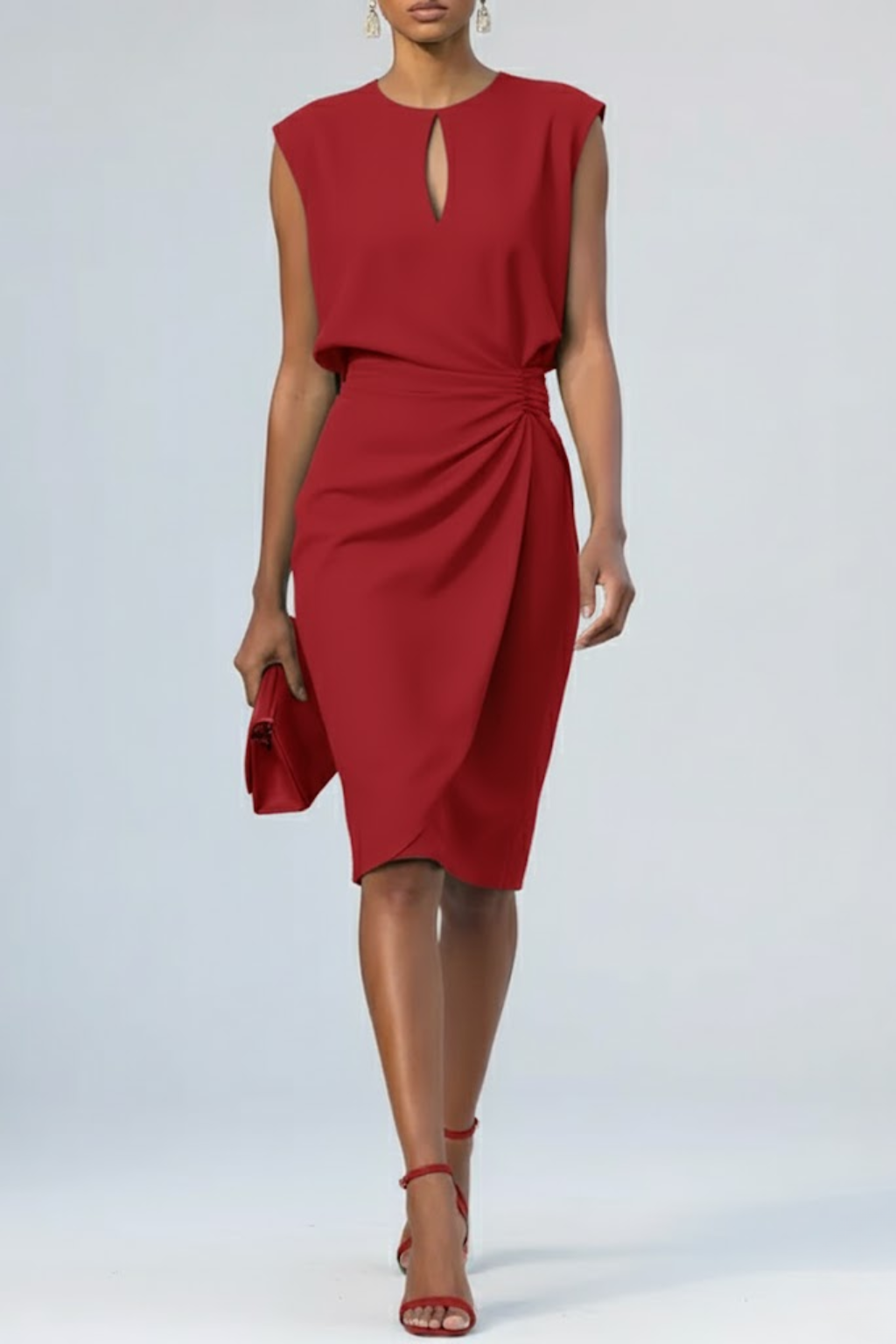 Vestido midi feminino com decote vazado e franzido para outono inverno