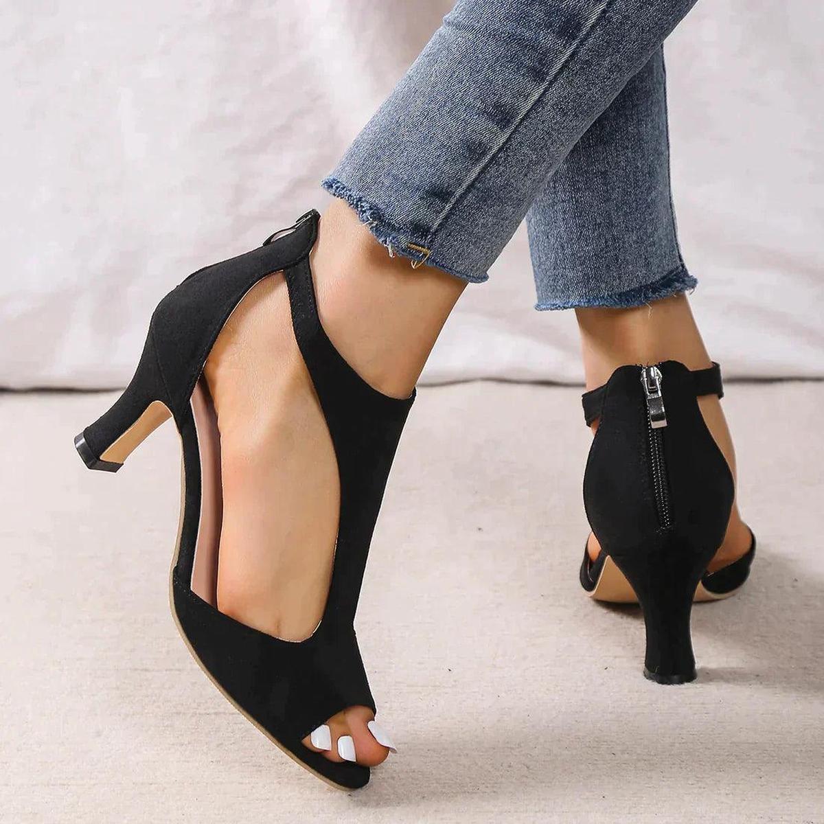 Scarpin feminino salto alto bico aberto com zíper traseiro
