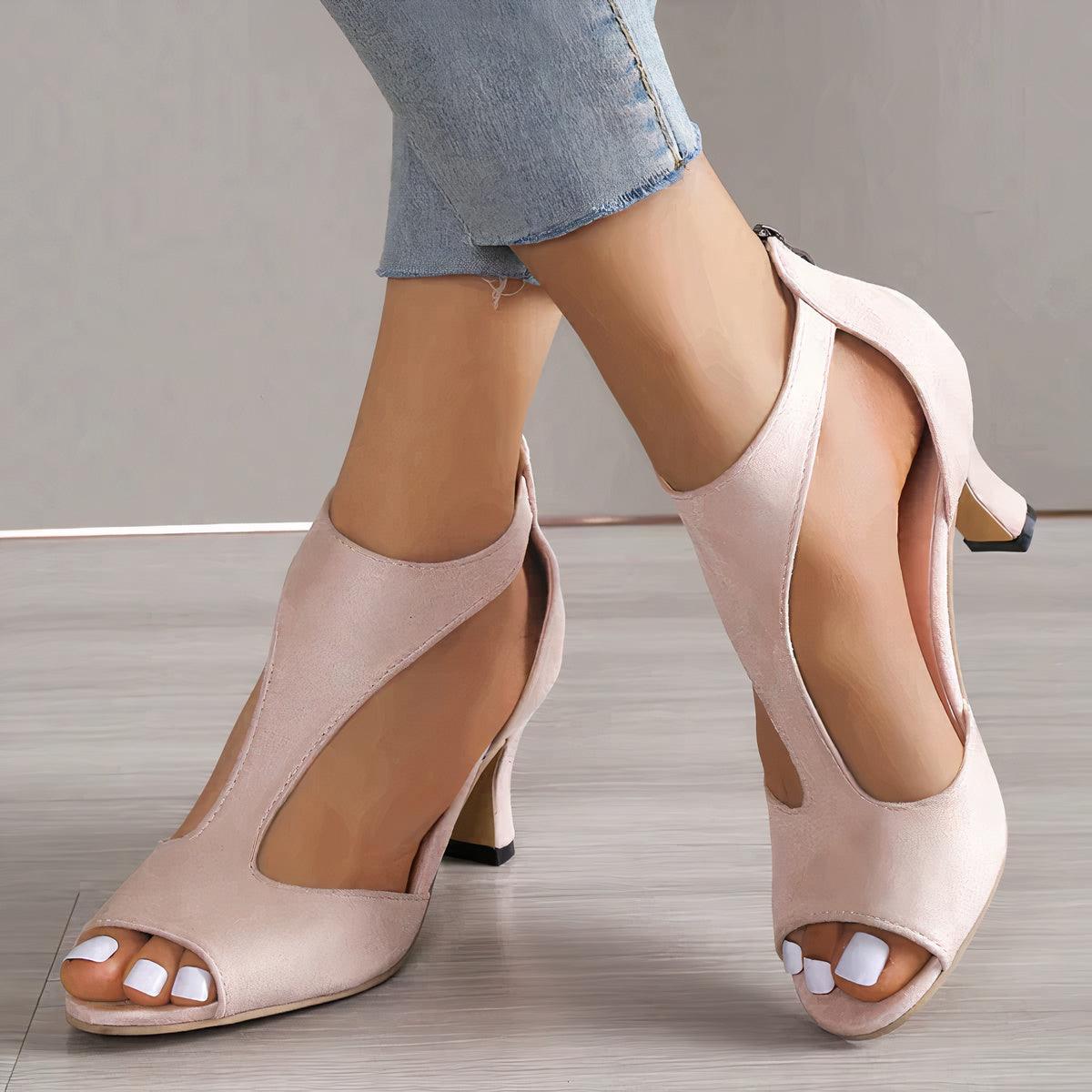 Scarpin feminino salto alto bico aberto com zíper traseiro
