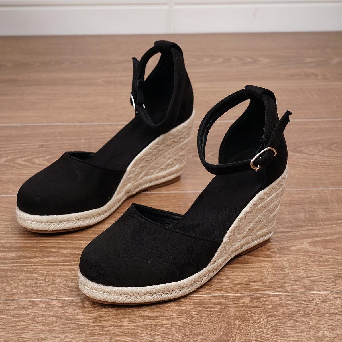 Sandálias anabela femininas com fivela ajustável no tornozelo biqueira aberta