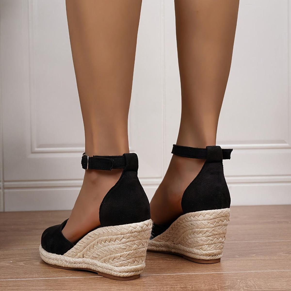 Sandália anabela espadrille bico fechado feminina com tira ajustável no tornozelo