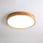 Plafão LED de madeira com difusor acrílico, formato redondo, montagem no teto