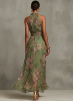 Vestido maxi floral halter feminino em verde com amarração no pescoço