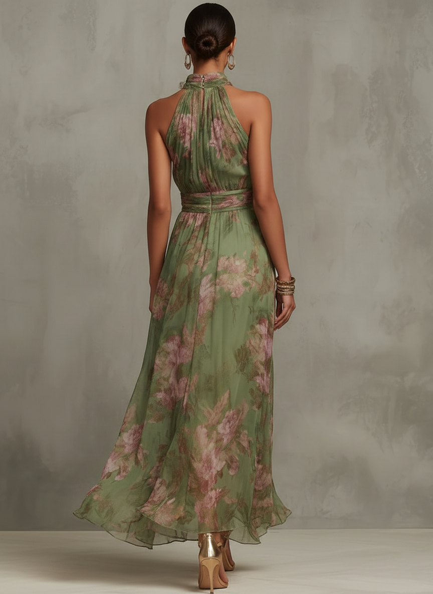 Vestido maxi floral halter feminino em verde com amarração no pescoço