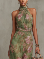 Vestido maxi floral halter feminino em verde com amarração no pescoço