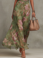 Vestido maxi floral halter feminino em verde com amarração no pescoço