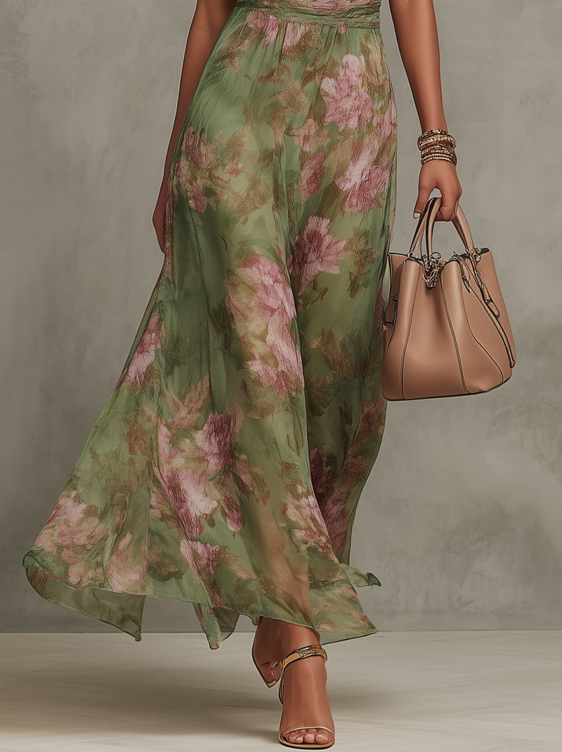 Vestido maxi floral halter feminino em verde com amarração no pescoço
