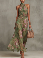 Vestido maxi floral halter feminino em verde com amarração no pescoço
