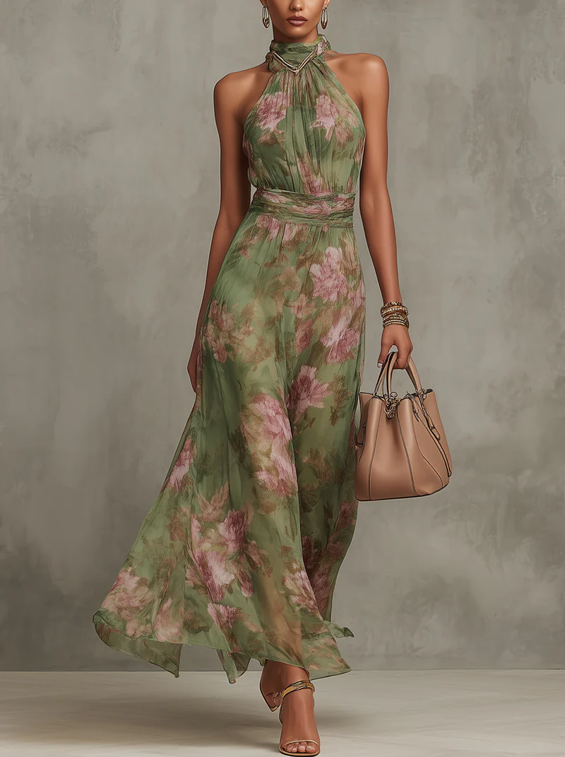 Vestido maxi floral halter feminino em verde com amarração no pescoço