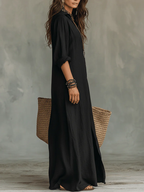 Vestido longo feminino fluido elegante em corte liso e silhueta valorizada