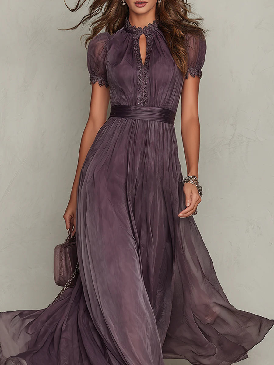 Vestido longo feminino chiffon violeta com decote em gota e detalhes em renda