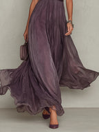 Vestido longo feminino chiffon violeta com decote em gota e detalhes em renda
