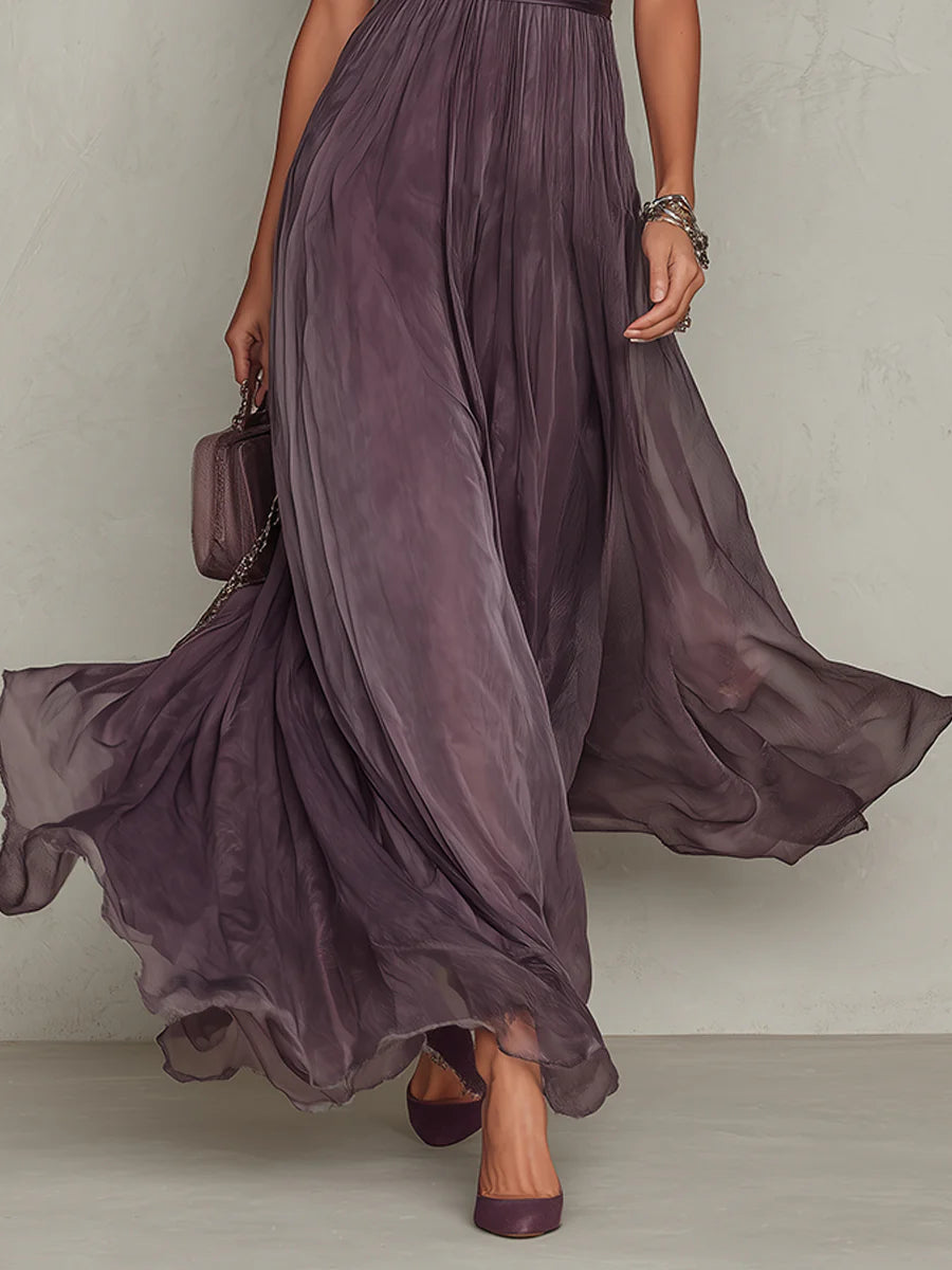 Vestido longo feminino chiffon violeta com decote em gota e detalhes em renda