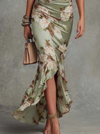 Vestido midi cetim estampa floral decote em V feminino