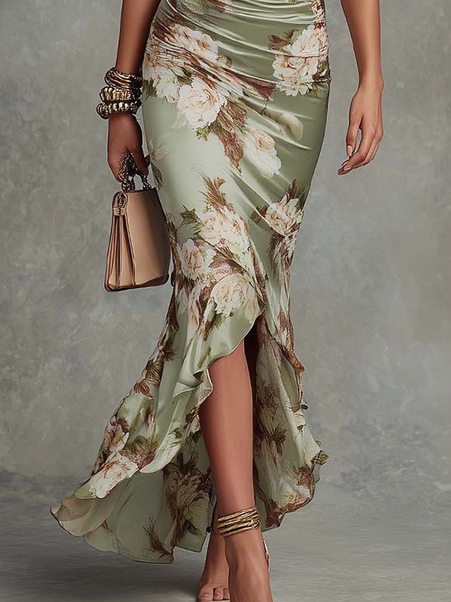 Vestido midi cetim estampa floral decote em V feminino