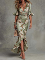 Vestido midi cetim estampa floral decote em V feminino