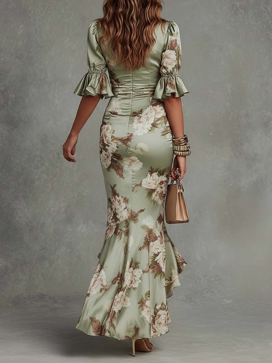 Vestido midi cetim estampa floral decote em V feminino