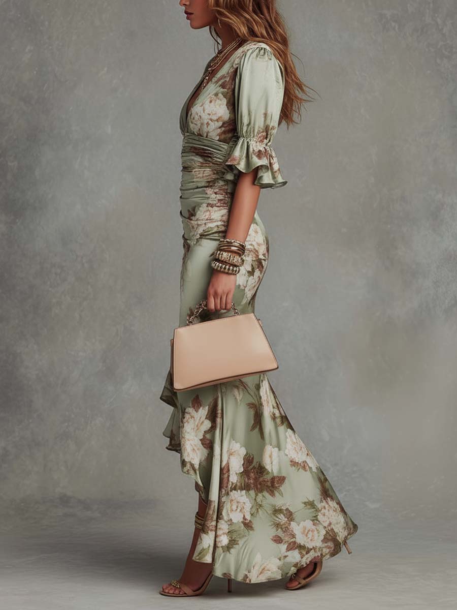 Vestido longo feminino floral com decote em V e bainha com folhos