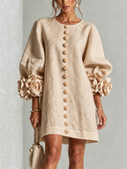 Vestido feminino linho manga bufante mini shift decote sem colarinho