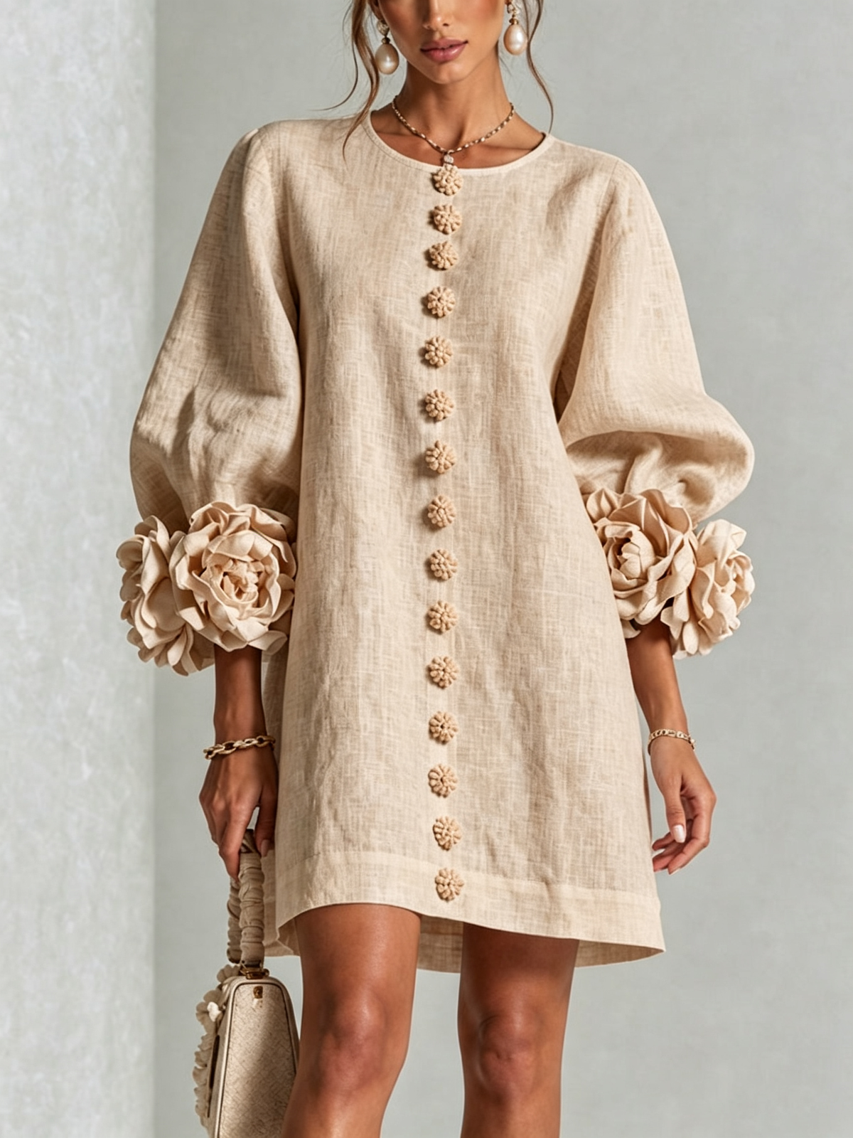 Vestido feminino linho manga bufante mini shift decote sem colarinho