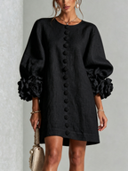 Vestido feminino linho manga bufante mini shift decote sem colarinho