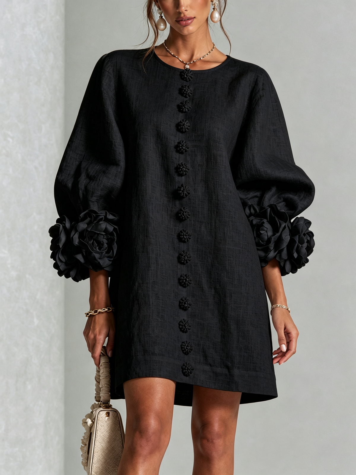 Vestido feminino linho manga bufante mini shift decote sem colarinho