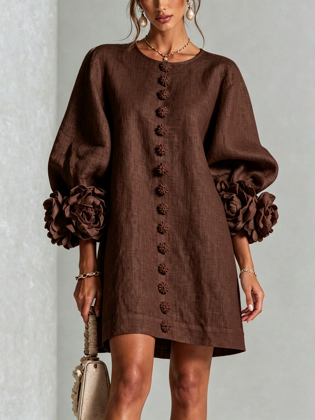 Vestido feminino linho manga bufante mini shift decote sem colarinho