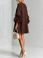 Vestido feminino linho manga bufante mini shift decote sem colarinho