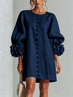 Vestido feminino linho manga bufante mini shift decote sem colarinho