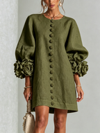 Vestido feminino linho manga bufante mini shift decote sem colarinho