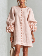 Vestido feminino linho manga bufante mini shift decote sem colarinho