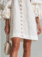 Vestido feminino linho manga bufante mini shift decote sem colarinho