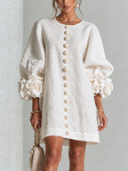 Vestido feminino linho manga bufante mini shift decote sem colarinho