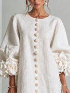 Vestido feminino linho manga bufante mini shift decote sem colarinho