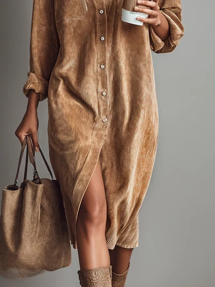 Vestido midi feminino veludo cotelê com bolsos no peito corte casual