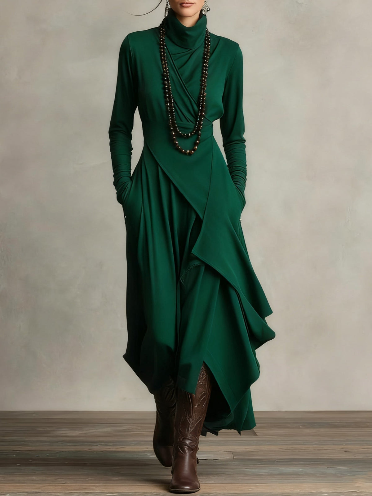 Vestido maxi feminino manga longa com linha frontal centralizada