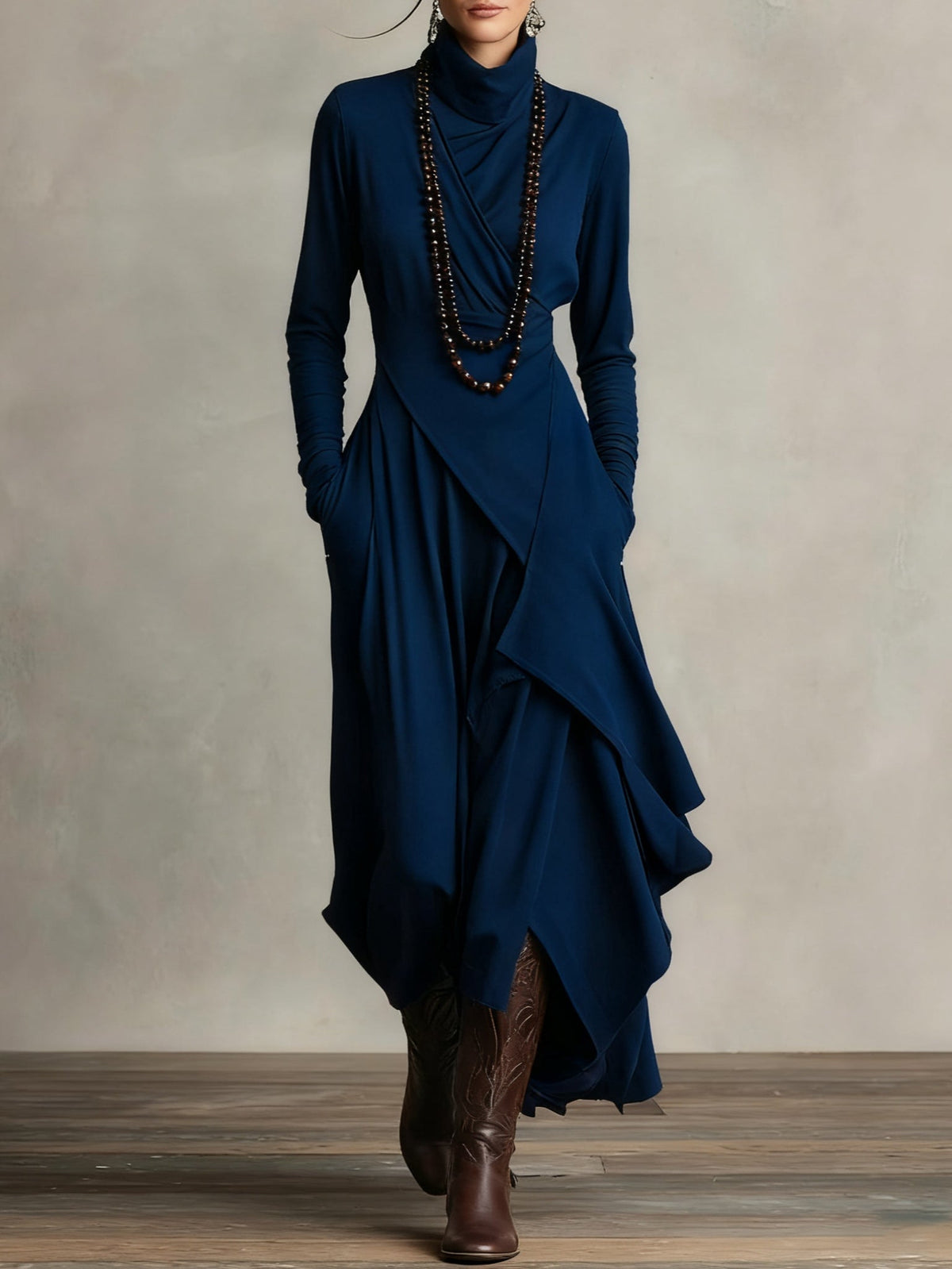 Vestido maxi feminino manga longa com linha frontal centralizada