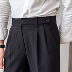 Calças masculinas plissadas cintura alta corte clássico elegante