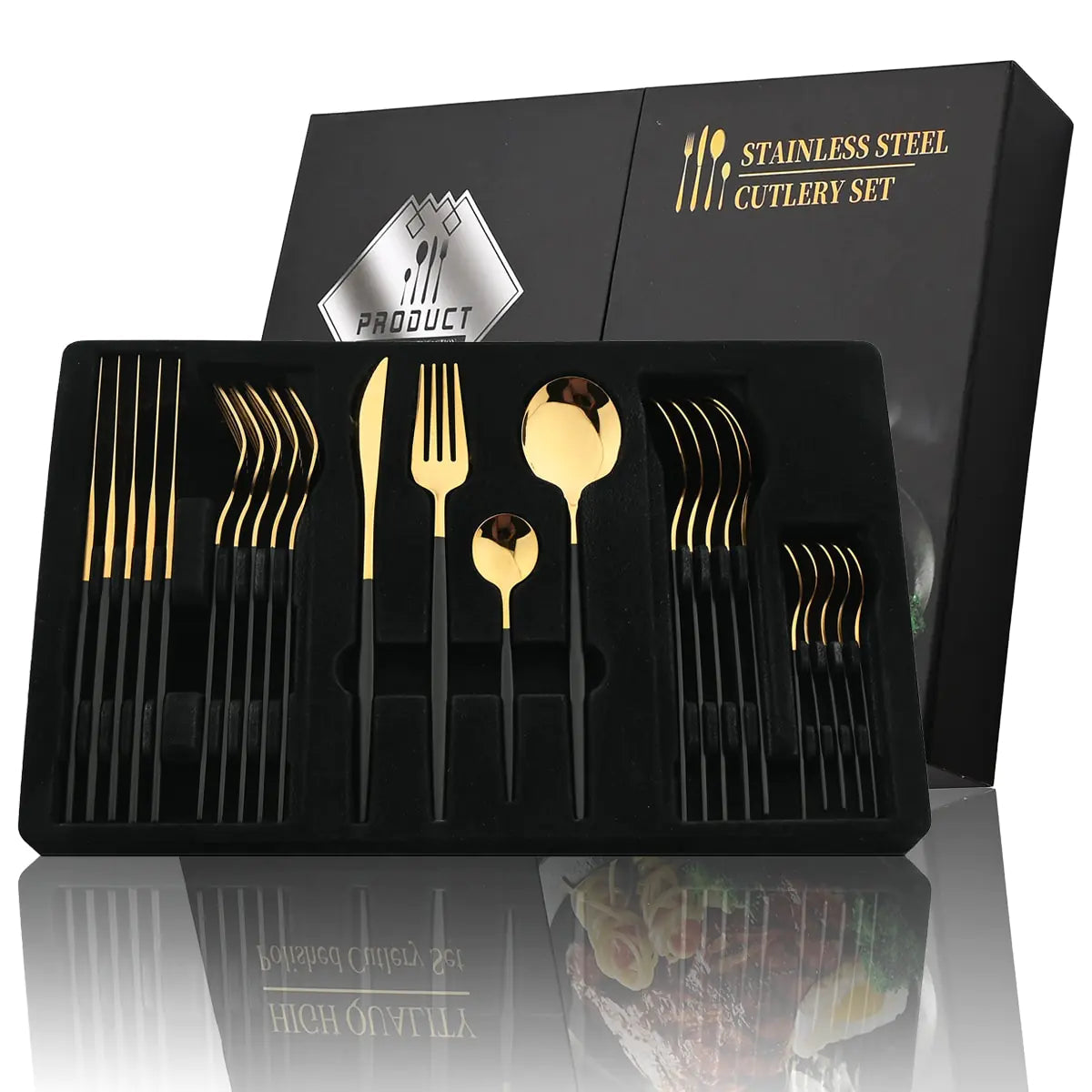 Conjunto de talheres em aço inox 24 peças com acabamento dourado e cabos coloridos preto, branco e rosa