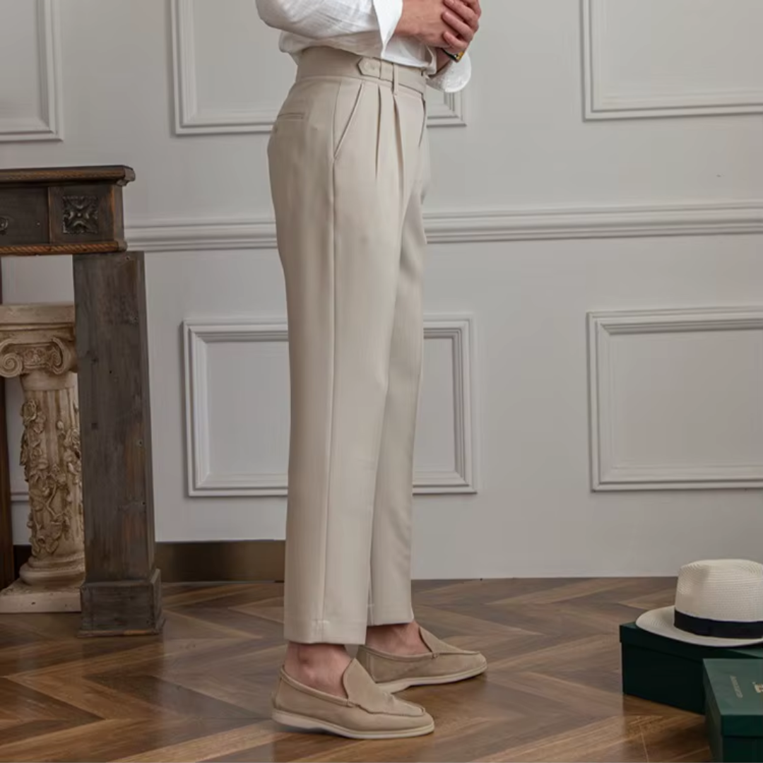 Calças masculinas plissadas cintura alta corte clássico elegante