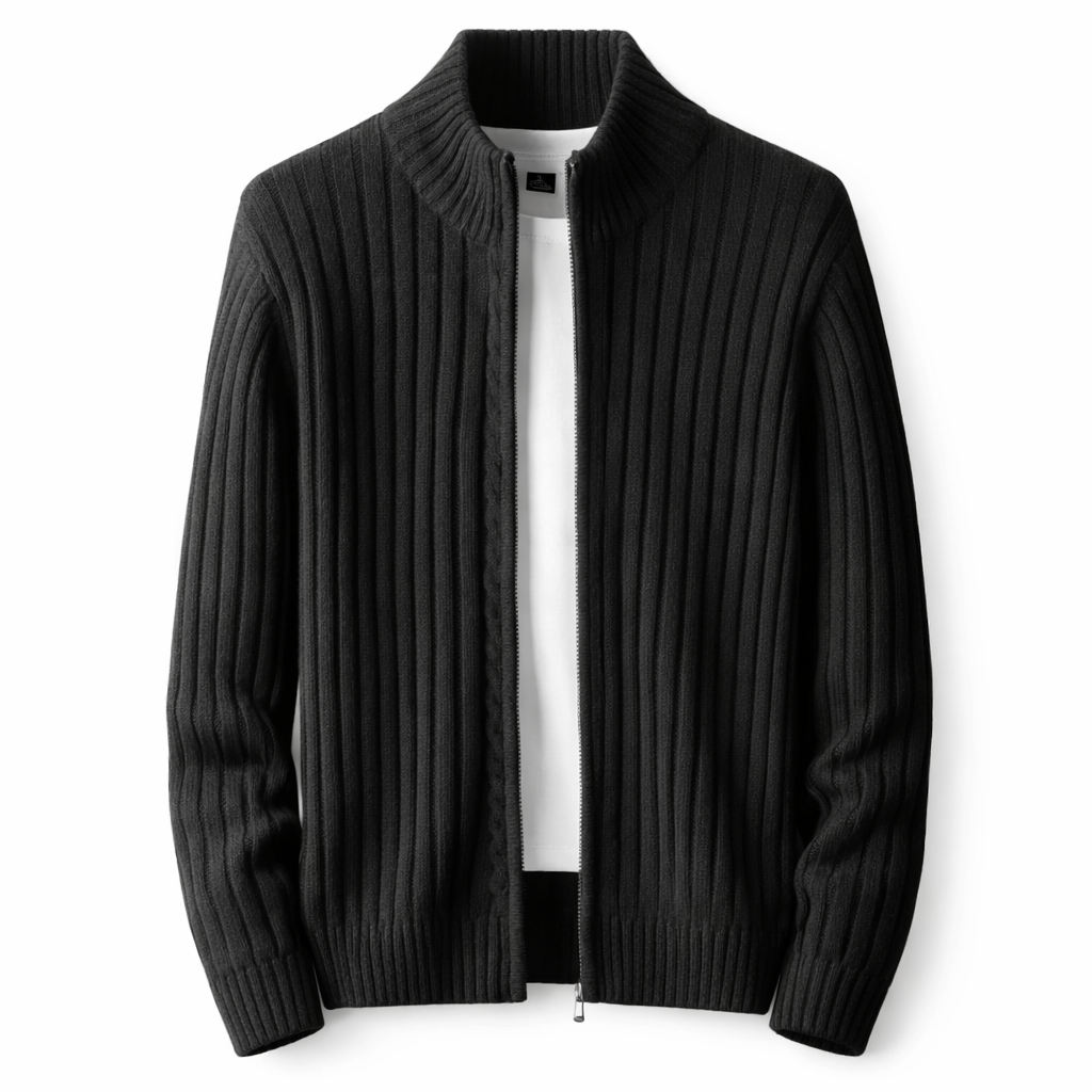 Cardigan tricot homem com fecho zip e gola alta corte regular