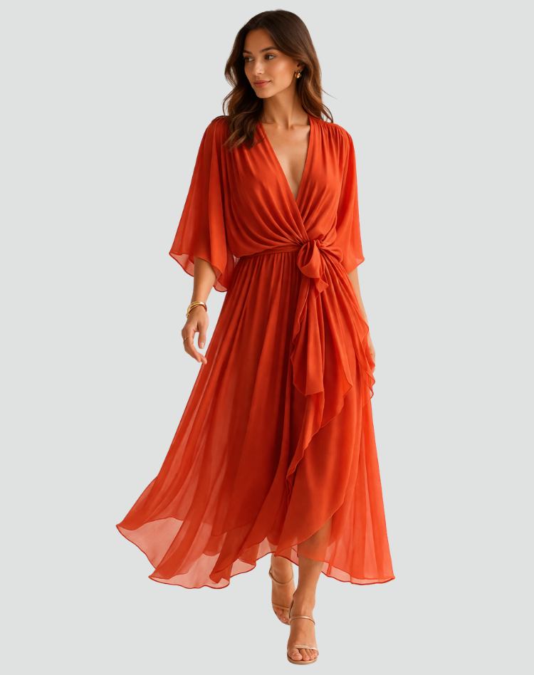 Vestido longo feminino decote V cós amarrado saia fluida