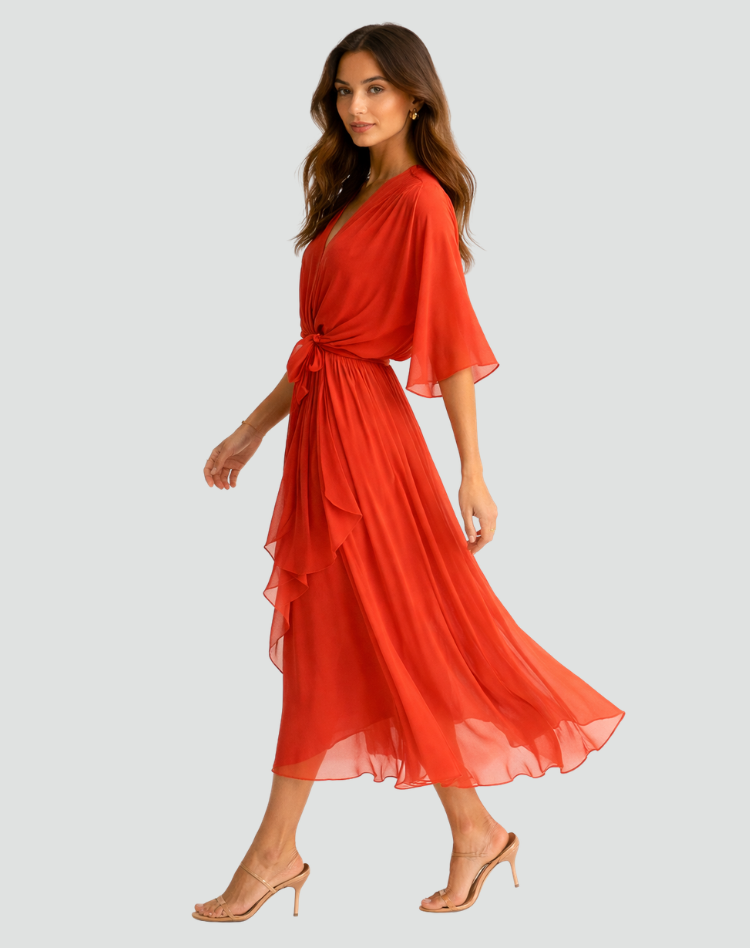 Vestido longo feminino decote V cós amarrado saia fluida