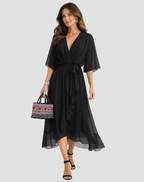 Vestido longo feminino decote V cós amarrado saia fluida