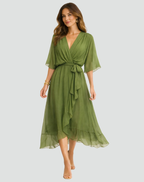 Vestido longo feminino decote V cós amarrado saia fluida