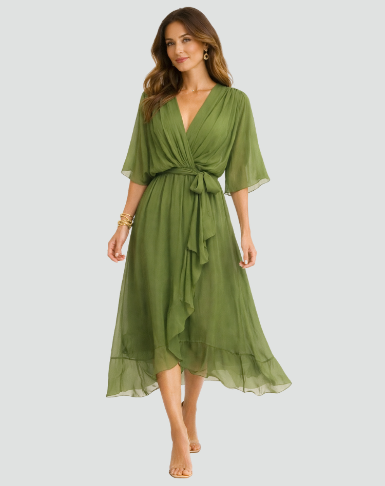 Vestido longo feminino decote V cós amarrado saia fluida
